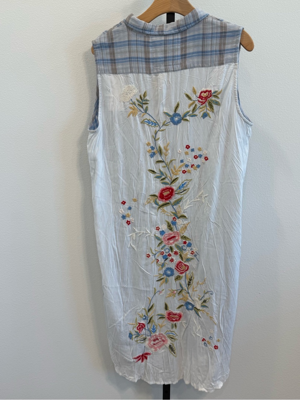 NWT Kyla Seo Jonna Dress Sleeveless Blue Plaid Midi Shirt Dress floral embroider